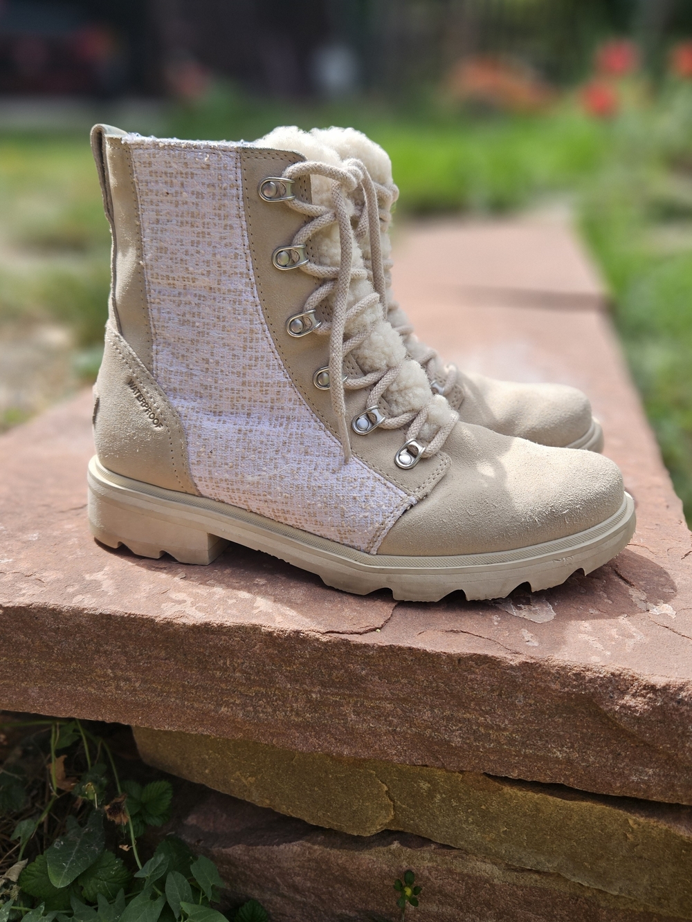 Sorel Women's Beige and White Lace-Up Shearling Combat Boots